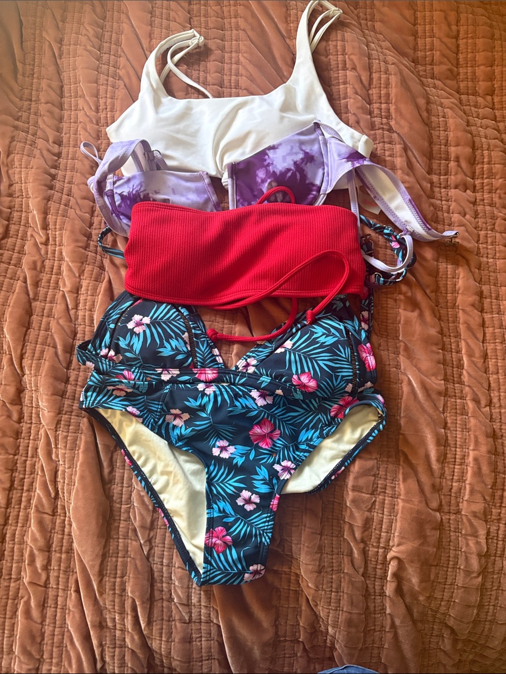 Four  Bikini Tops &one bottom - White, Red, Purple Tie-Dye & Tropical Floral